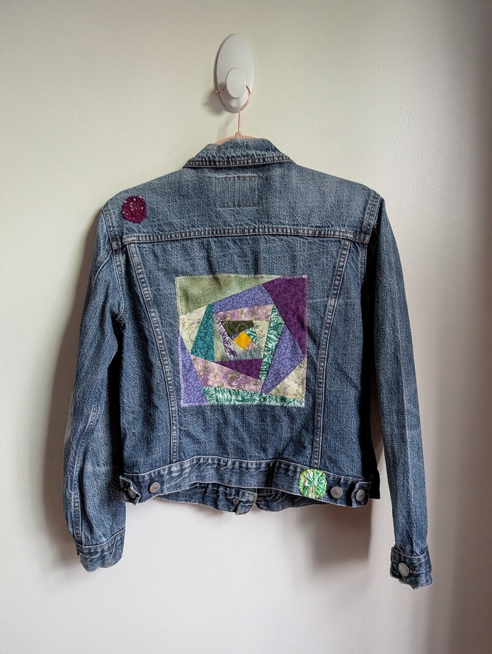 Sisley Reworked Dark Wash Quilted Patches Bohemian Cottage Core Jeans Jacket M